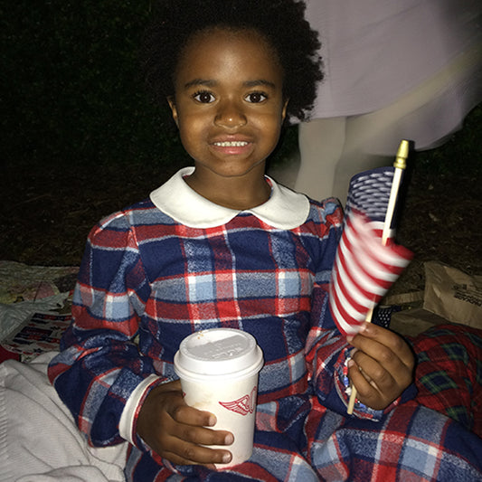 Girl in our red, white & blue flannel dress